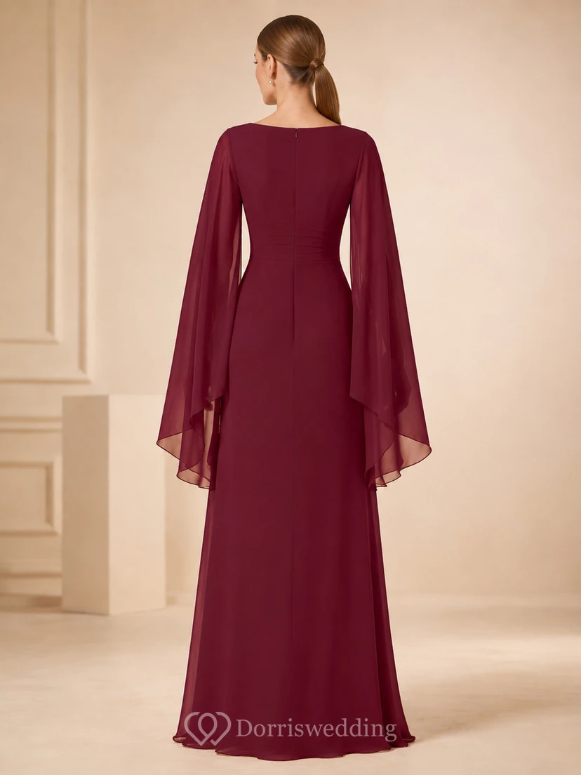 Burgundy Bateau Neck Cape Sleeve Modest Formal Gown view 2
