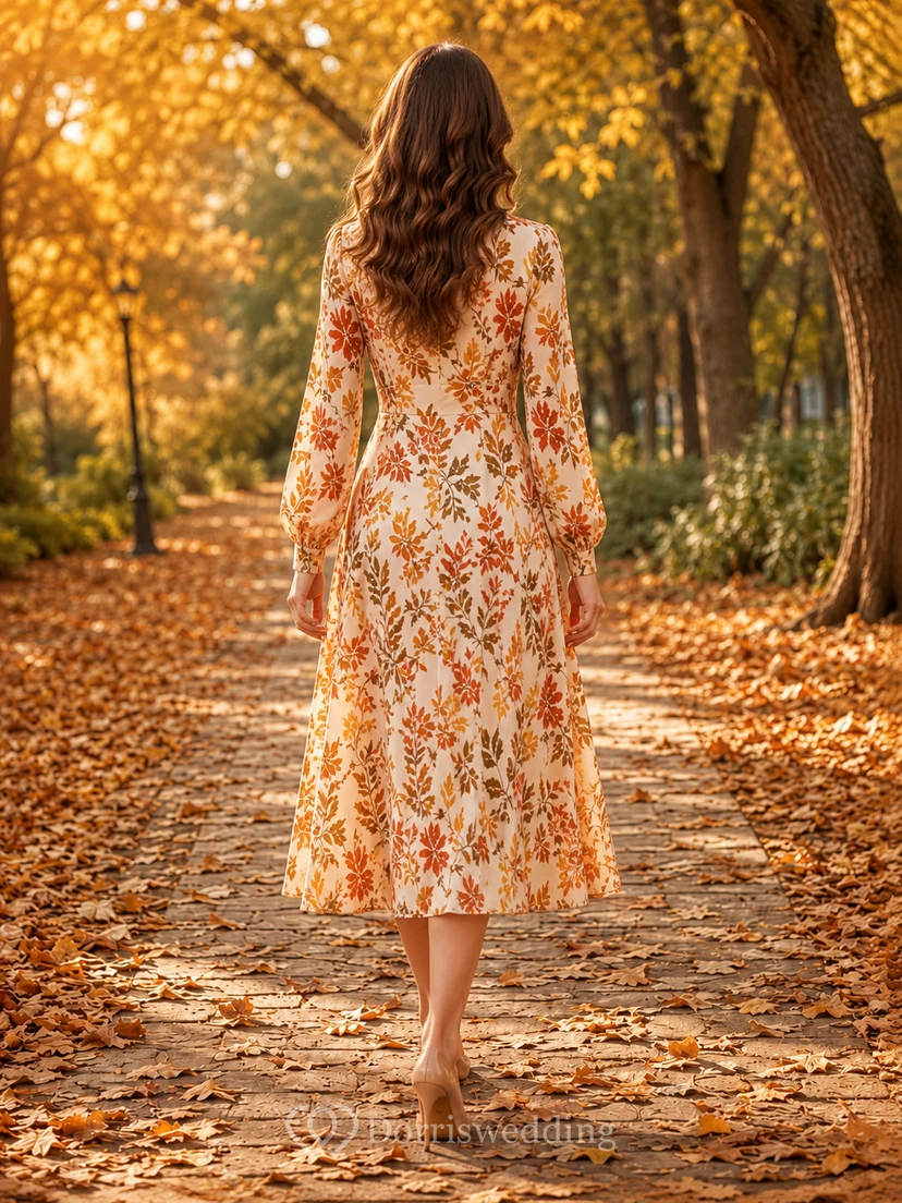 V Neck Autumn Leaf Print Long Sleeve Midi Dress view 2