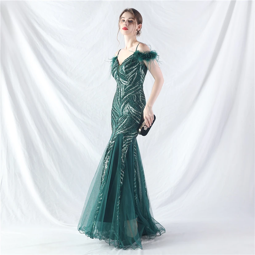 Crafted Ostrich Feather Stacked Sequins Splicing Mesh Gauze High-End Evening Dress Clothes view 25