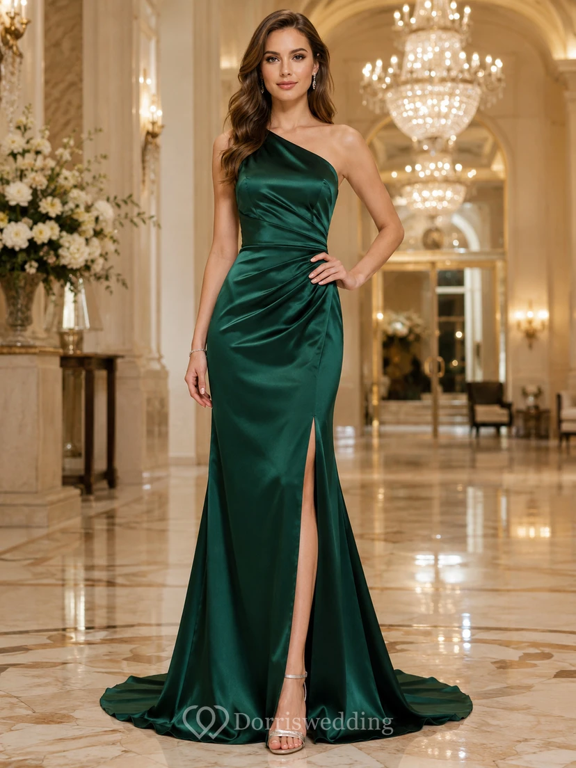 Dark Green One Shoulder Satin Charity Ball Gown