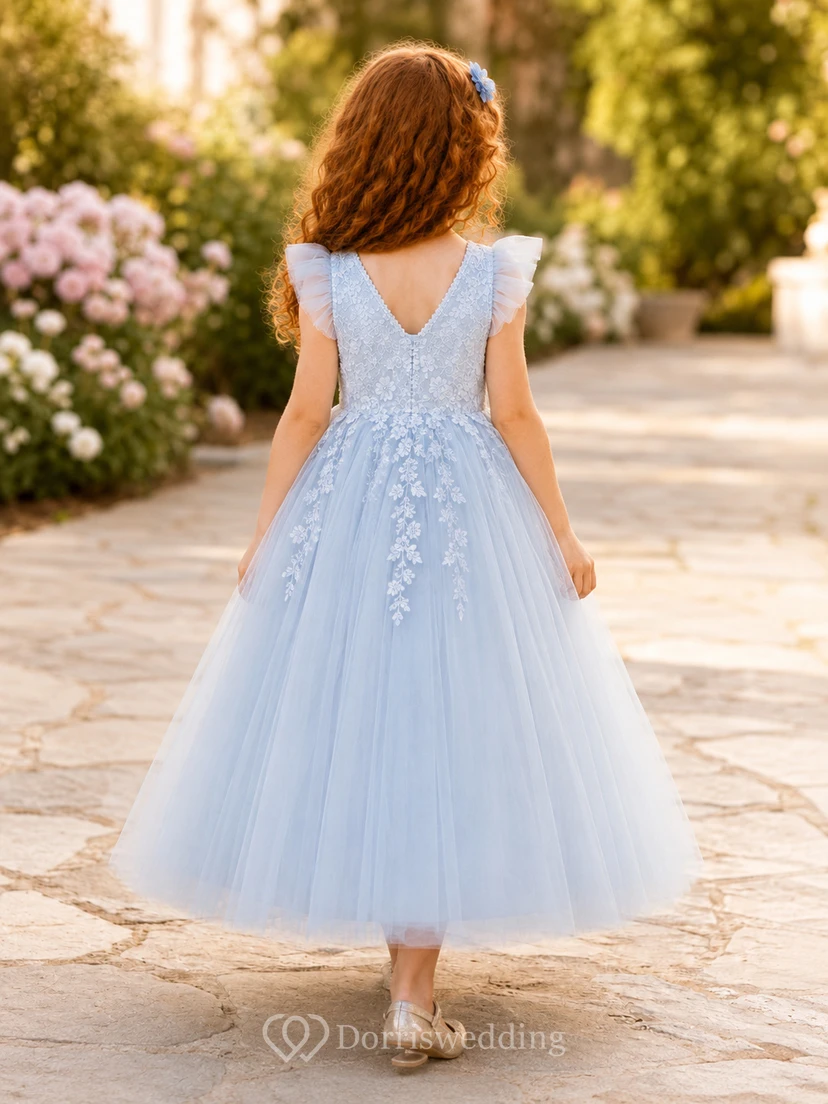 Blue Tulle A-Line Flower Girl Dress with Short Sleeves, Jewel Neck and Tea-Length Skirt view 2