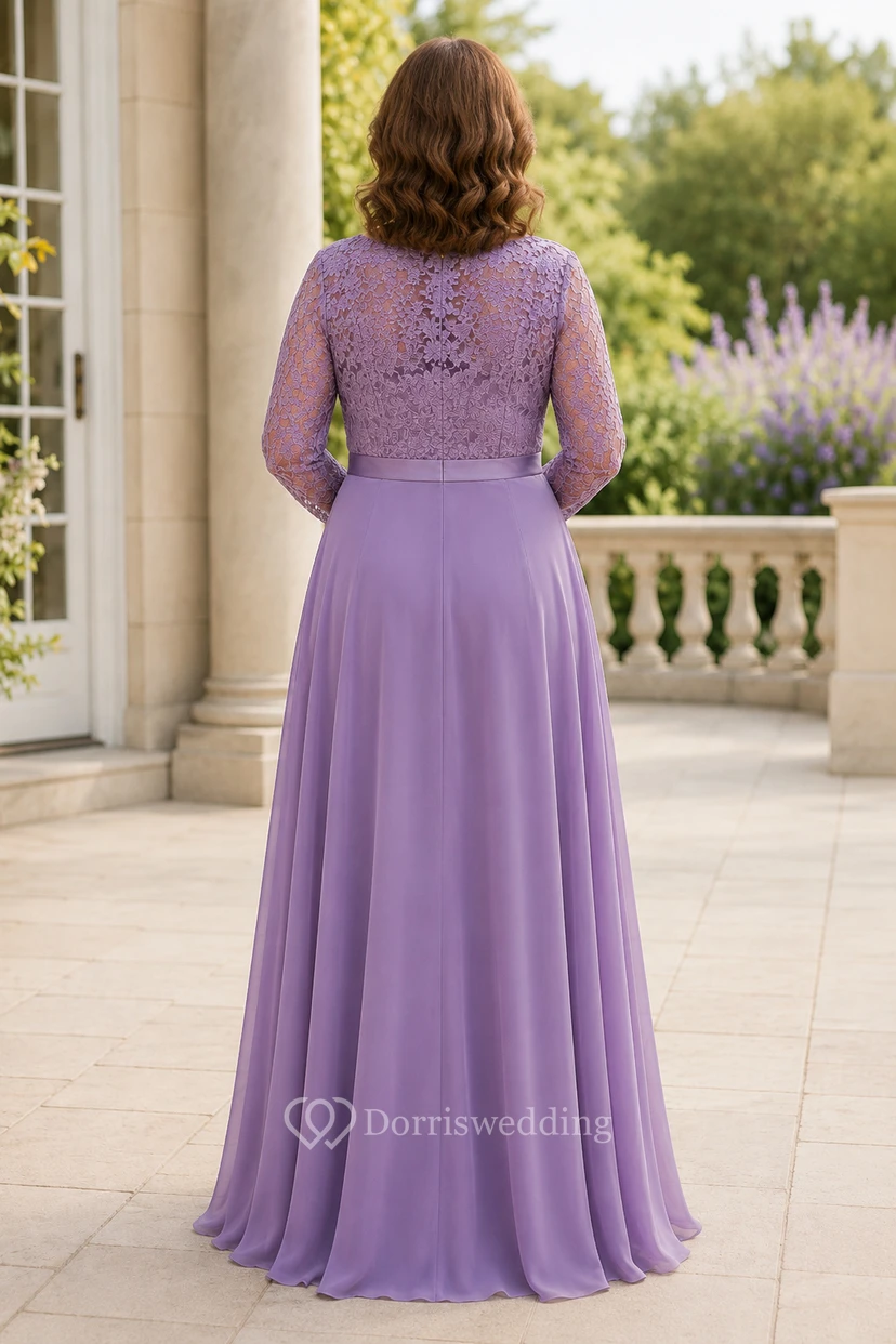 MOB-Kleid aus Wisteria-Chiffon mit Spitze, A-Linie, langen Ärmeln, U-Boot-Ausschnitt, bodenlang, mit Schärpen-Detail view 2