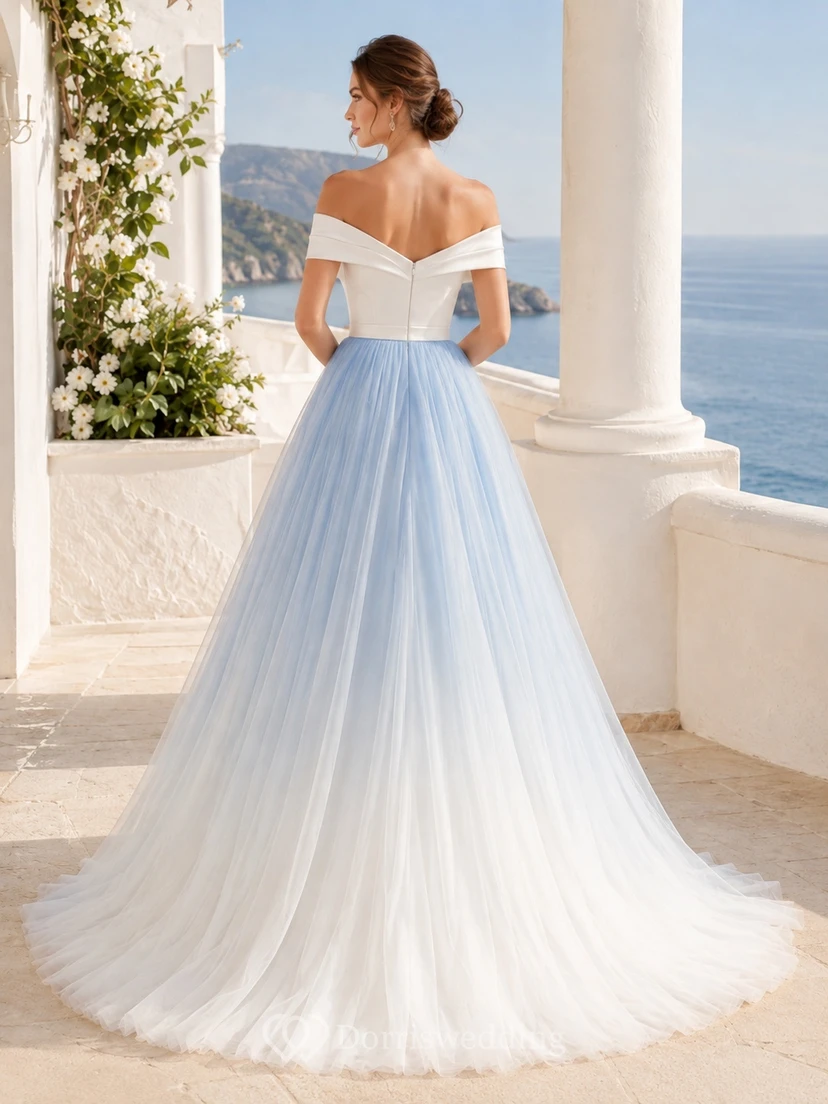 Blaues Ombré-Brautkleid aus Tüll in A-Linie mit schulterfreiem Ausschnitt, kurzen Ärmeln und Schleppe view 2