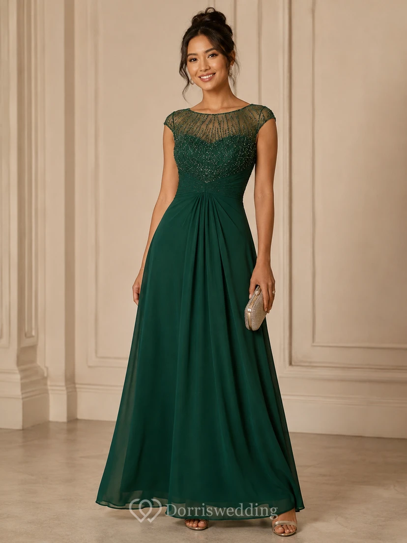 A-Line Lace Mother of the Bride Dress with Bateau, Short Sleeve and Lace Pleats, Floor Length