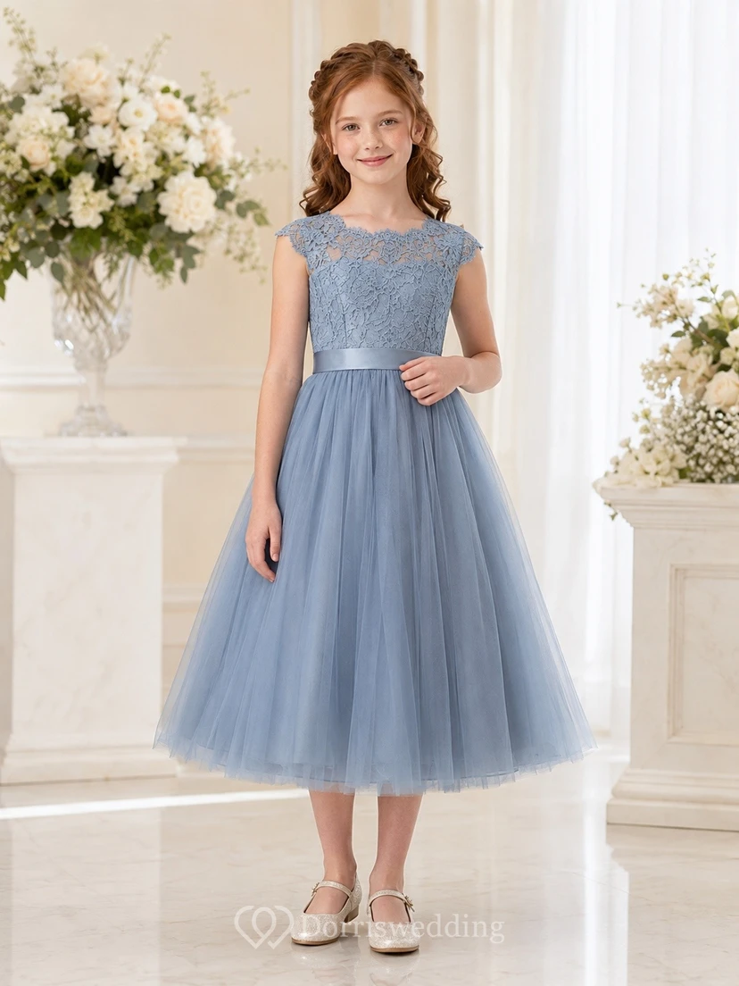 Slate Blue Jewel Neck Short Sleeve Tulle A-Line Tea-length Romantic Flowergirl Dress