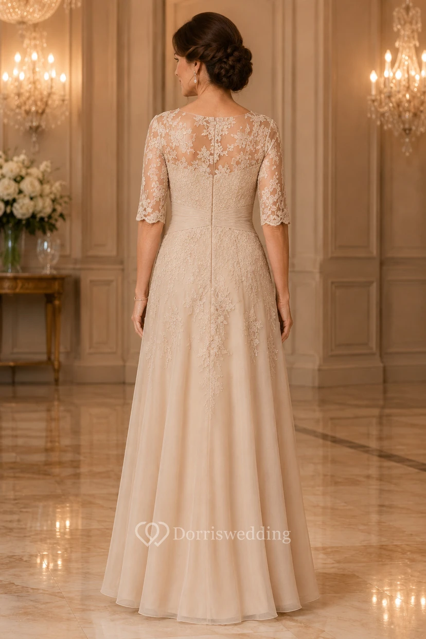 MOB Dress Champagne Chiffon Lace A-Line 3/4 Sleeve Bateau Neck Floor Length view 2
