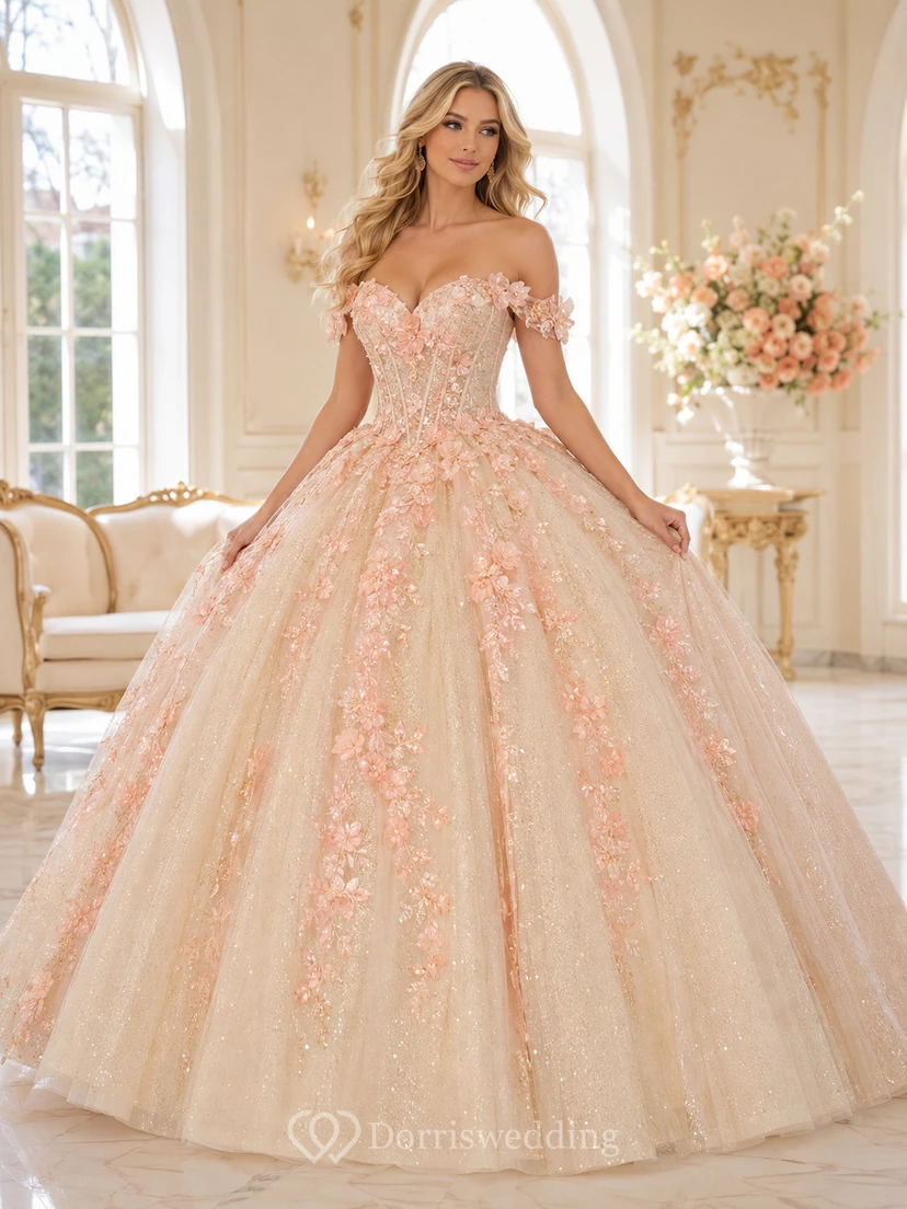 Peach Champagne Luxury Off Shoulder Floral Embroidered Sweet Sixteen Princess Ball Gown