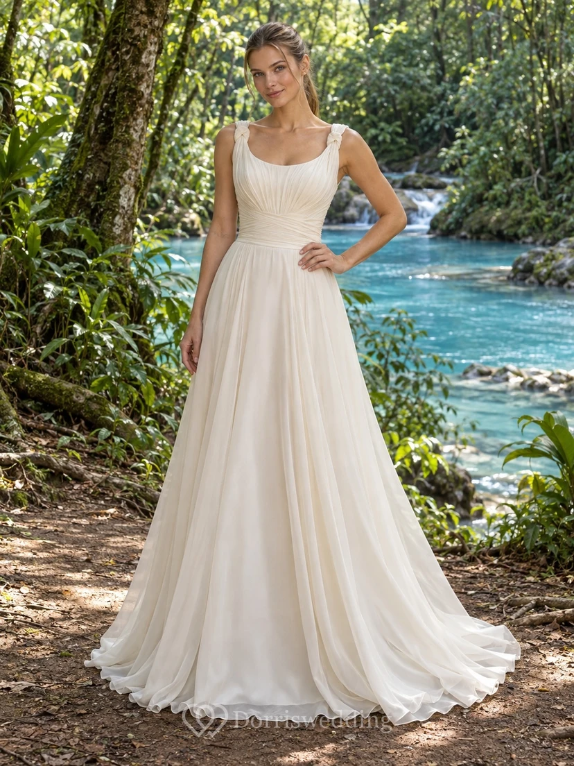 Schlichtes Chiffon-Brautkleid mit U-Boot-Ausschnitt, plissiertem Oberteil und voluminöser A-Linien-Schleppe