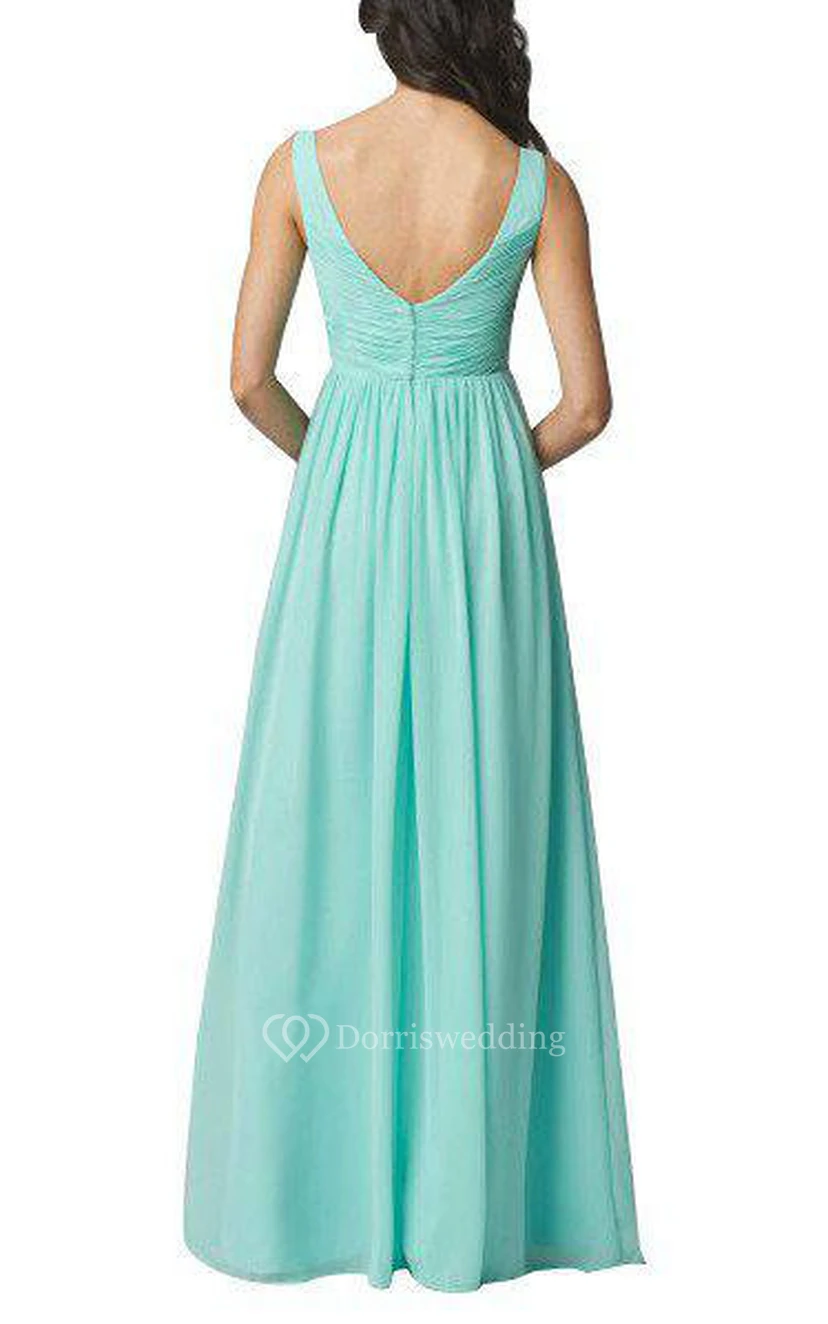 Empire V-neck Strapped Long Bridesmaid Dress with Ruching view 2