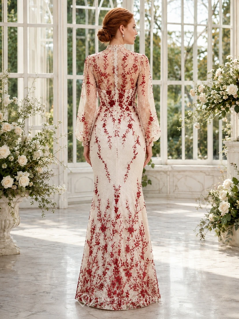 Rotes, hochgeschlossenes, langärmeliges Meerjungfrauen-Brautkleid aus Spitze, bodenlang, schlicht und elegant view 2