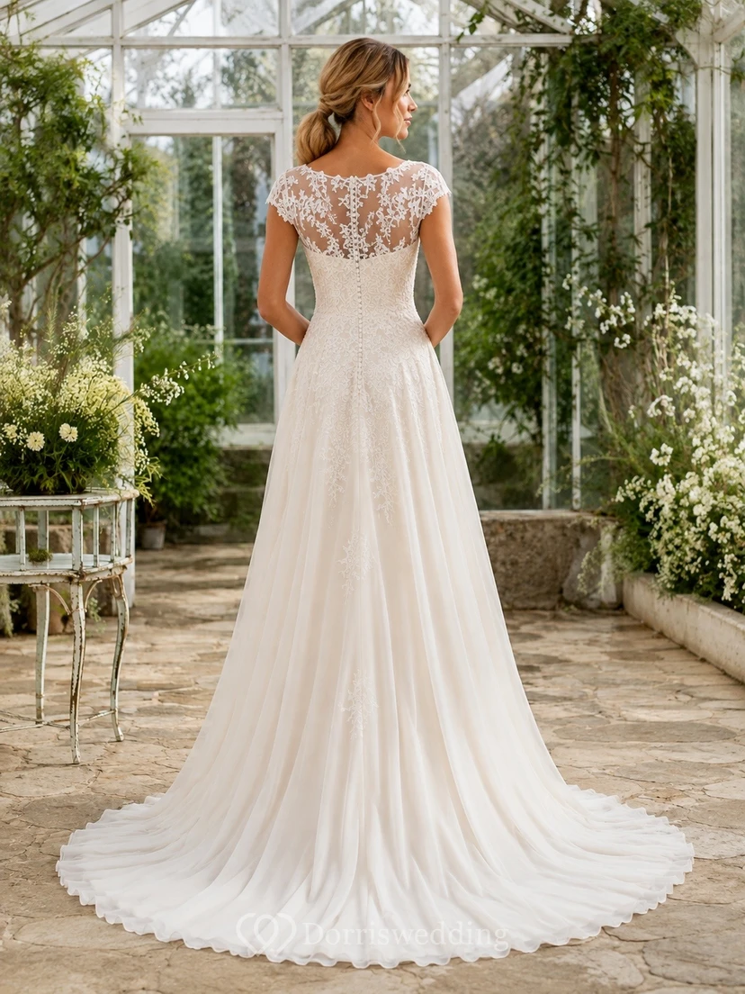 Bohemian V-Neck Short Sleeve Lace A-Line Chapel Train Bridal Gown view 2