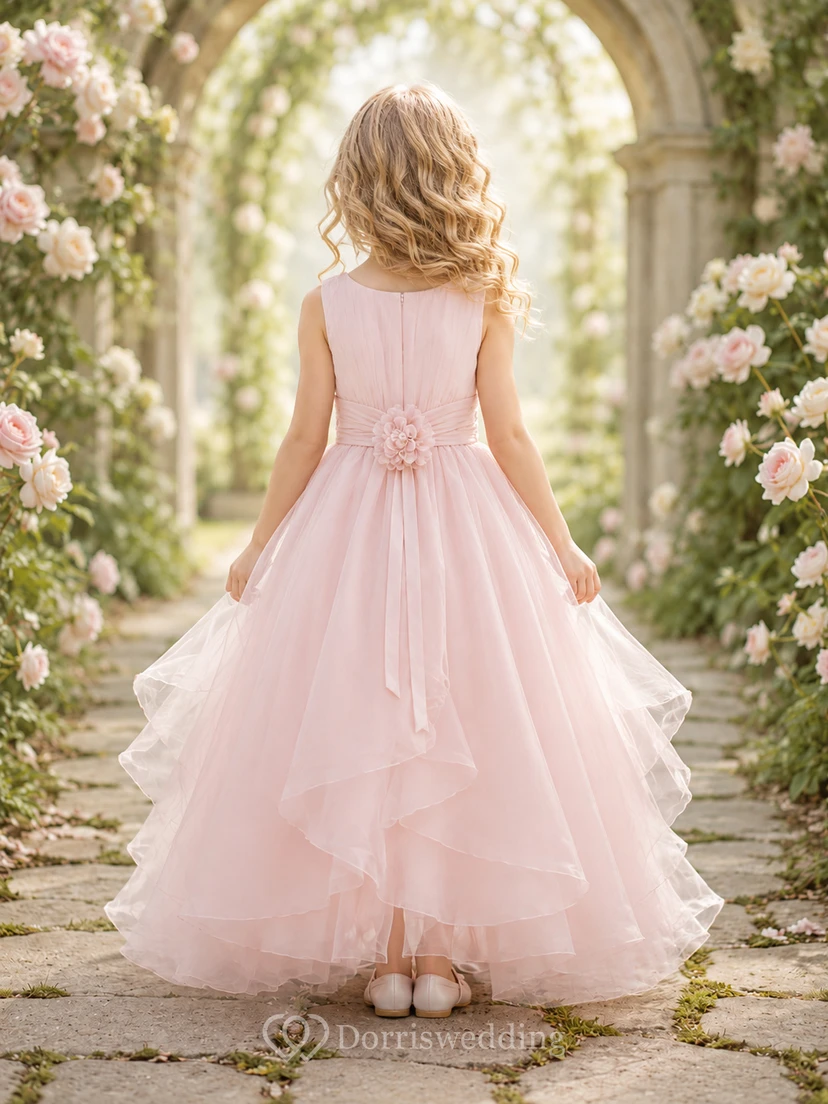 Blumenmädchenkleid aus zartrosa Spitze und Tüll, A-Linie, kurze Ärmel, Rundhalsausschnitt, Teelänge, Rüschenbesatz view 2