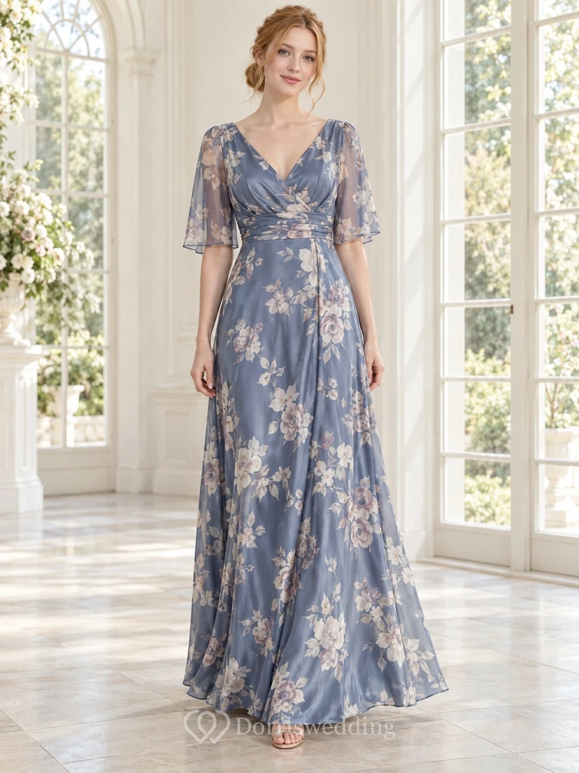 Slate Blue Floral Print Modest V-Neck Flutter Sleeve Floor-Length Chiffon Bridesmaid Dress