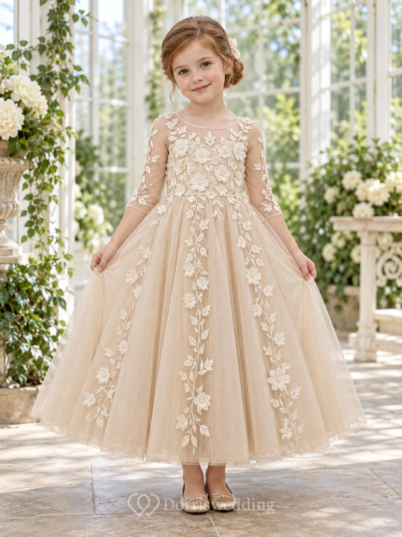 Three-quarter-sleeve Champagne Floral A-line Tulle Ankle-length Illusion-Neck Appliqued Flower Girl Dress