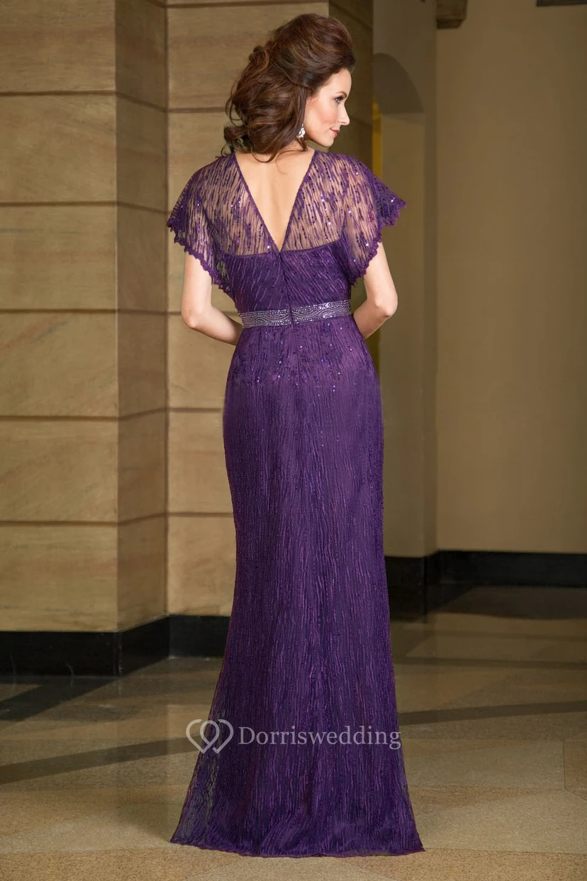 Short-Sleeved V-Neck Long Mother Of The Bride Dress With Sequins And V-Back view 2