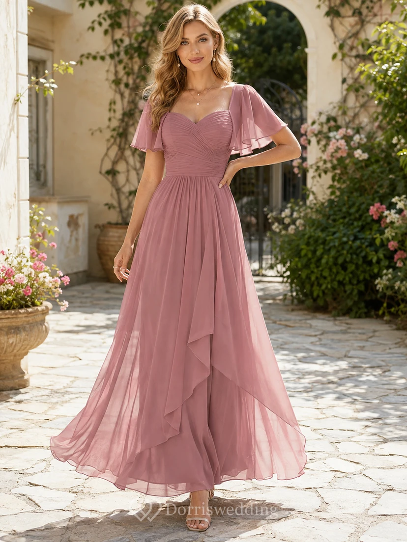 Brautjungfernkleid in Altrosa mit herzförmigem Herzausschnitt, flatternden Ärmeln, Chiffon, Falten und tiefem Rückenausschnitt