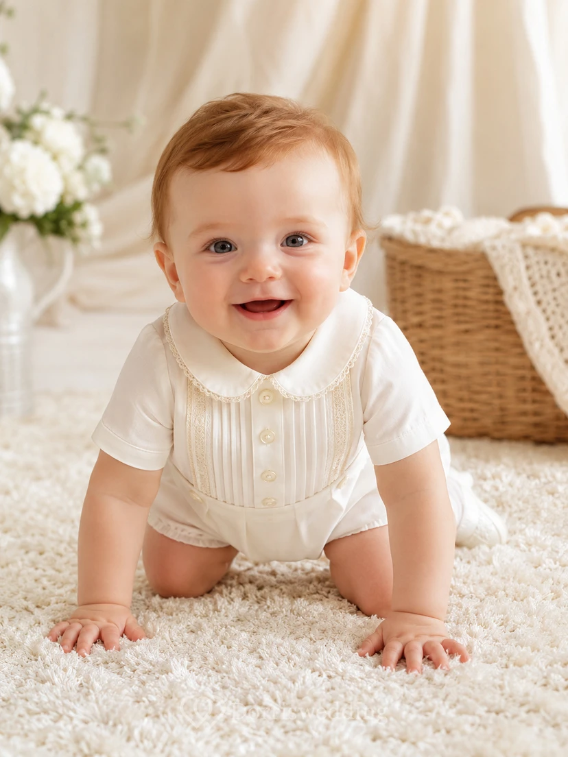 Ivory Textured Pintuck Peter Collar Short Sleeve Baptism Bubble Romper for Baby Boy