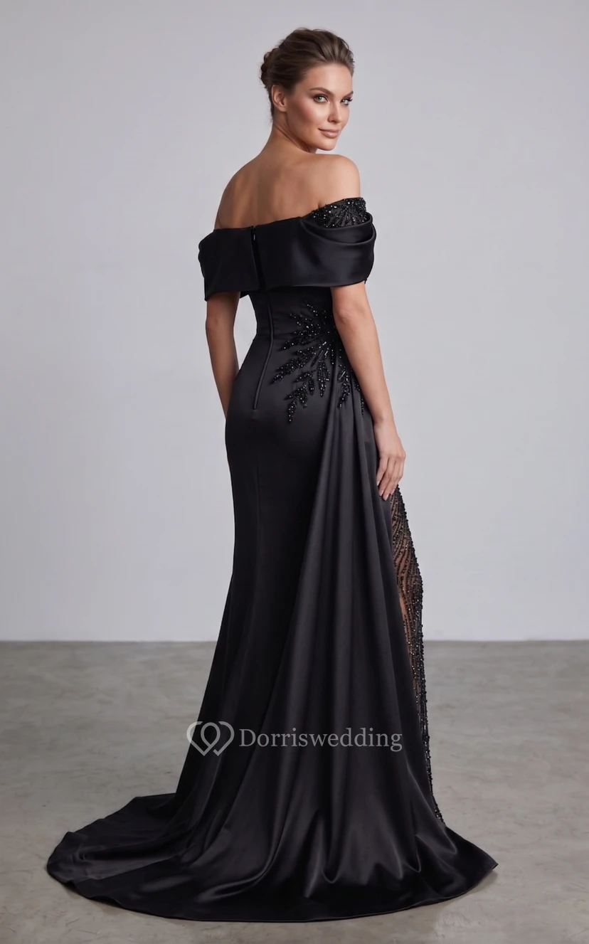 Sexy, langärmeliges, elegantes A-Linien-Abendkleid aus Satin mit Schleppe und Perlenstickerei view 2