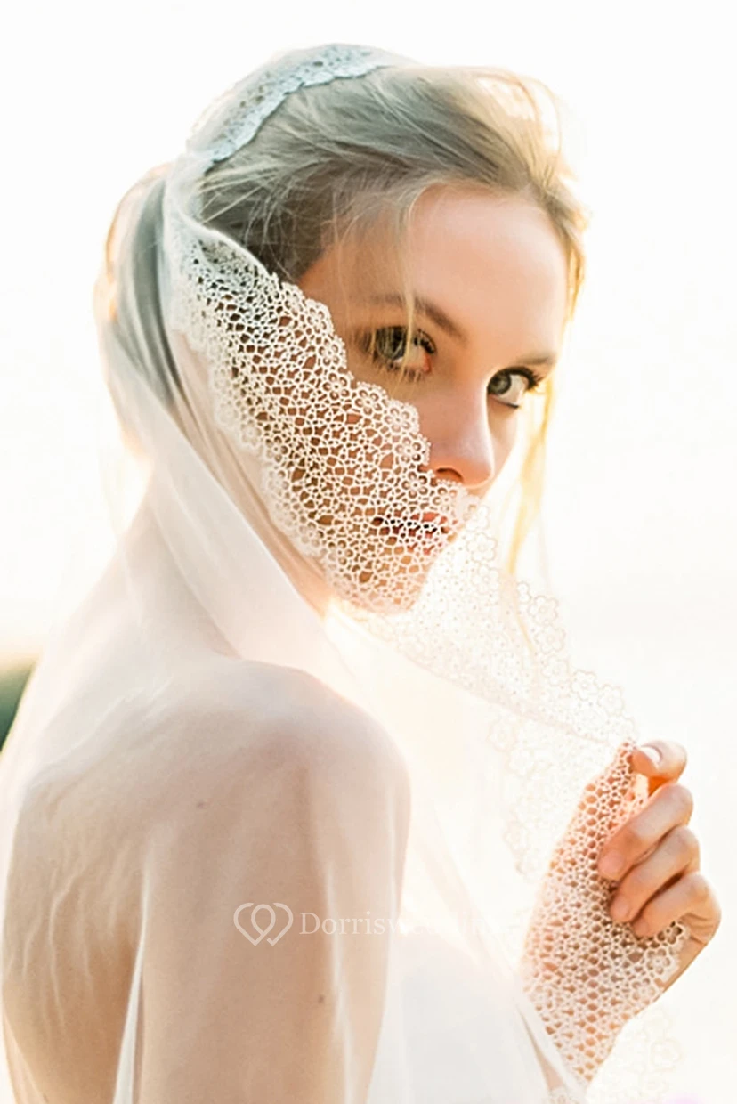 Vintage Style Long Tulle Wedding Veil with Lace Edge view 3