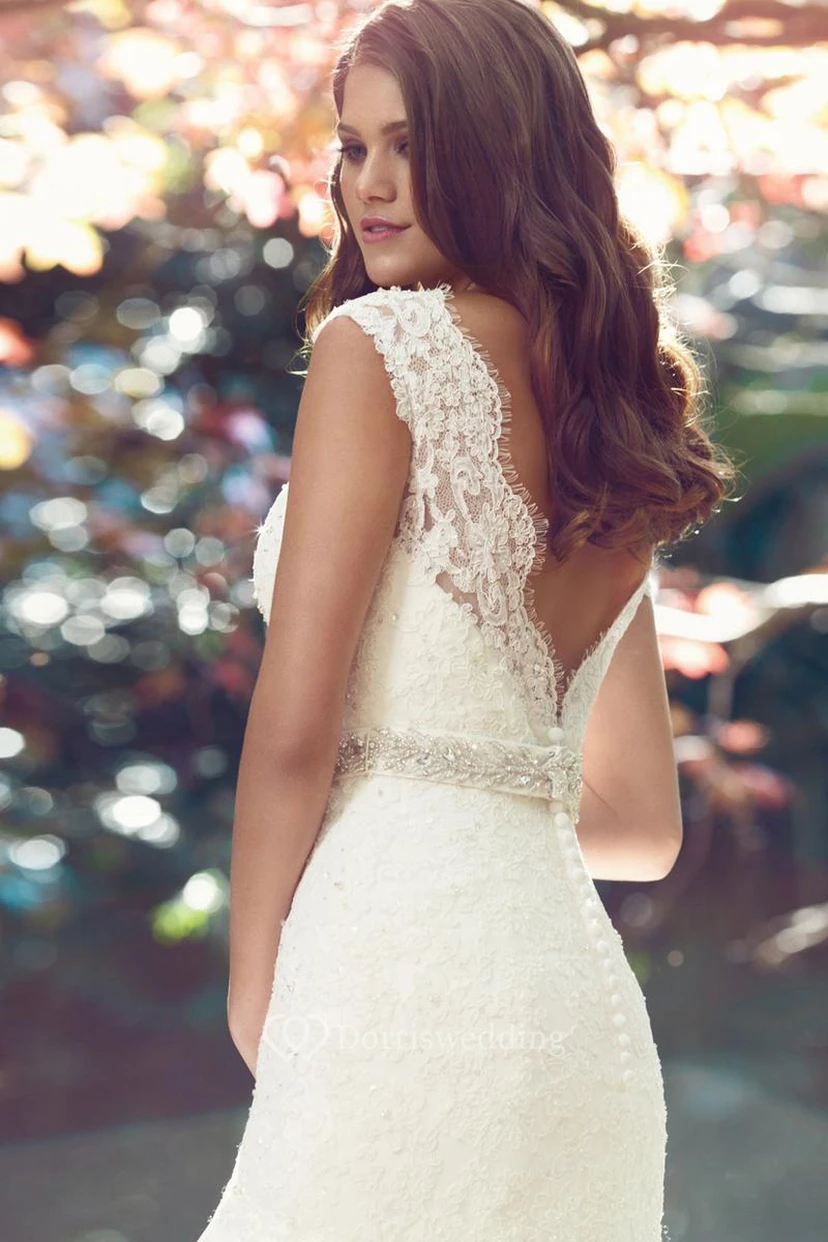 Mermaid Cap-Sleeve Jeweled V-Neck Lace Wedding Dress view 3