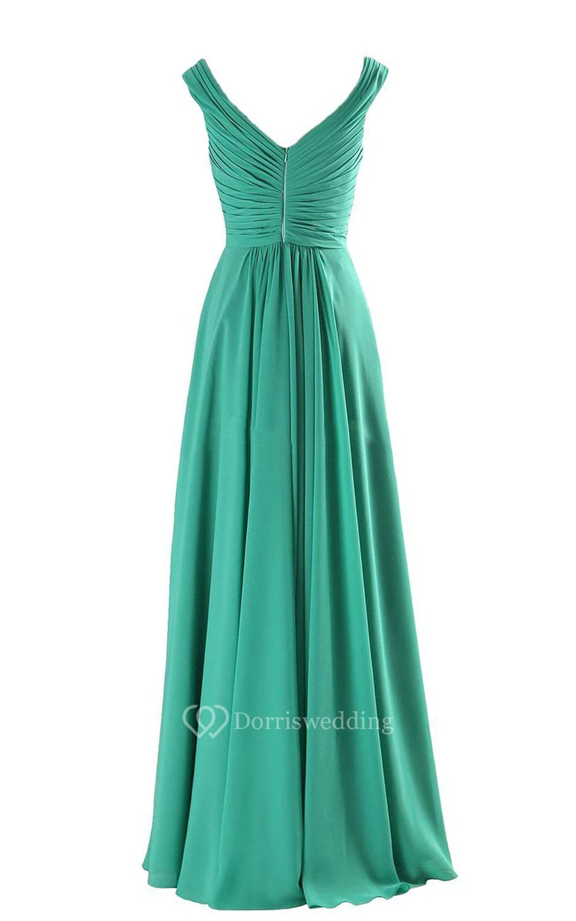 V-neck A-line Long Chiffon Gown With Pleats and Beadings view 2