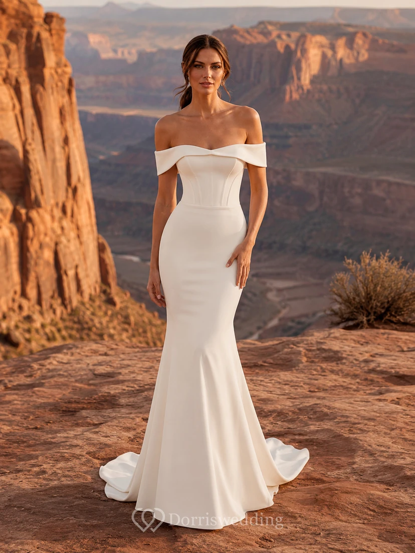 Robe de mariée sirène moderne à épaules dénudées en crêpe, motif paysage de canyon, pour une escapade amoureuse