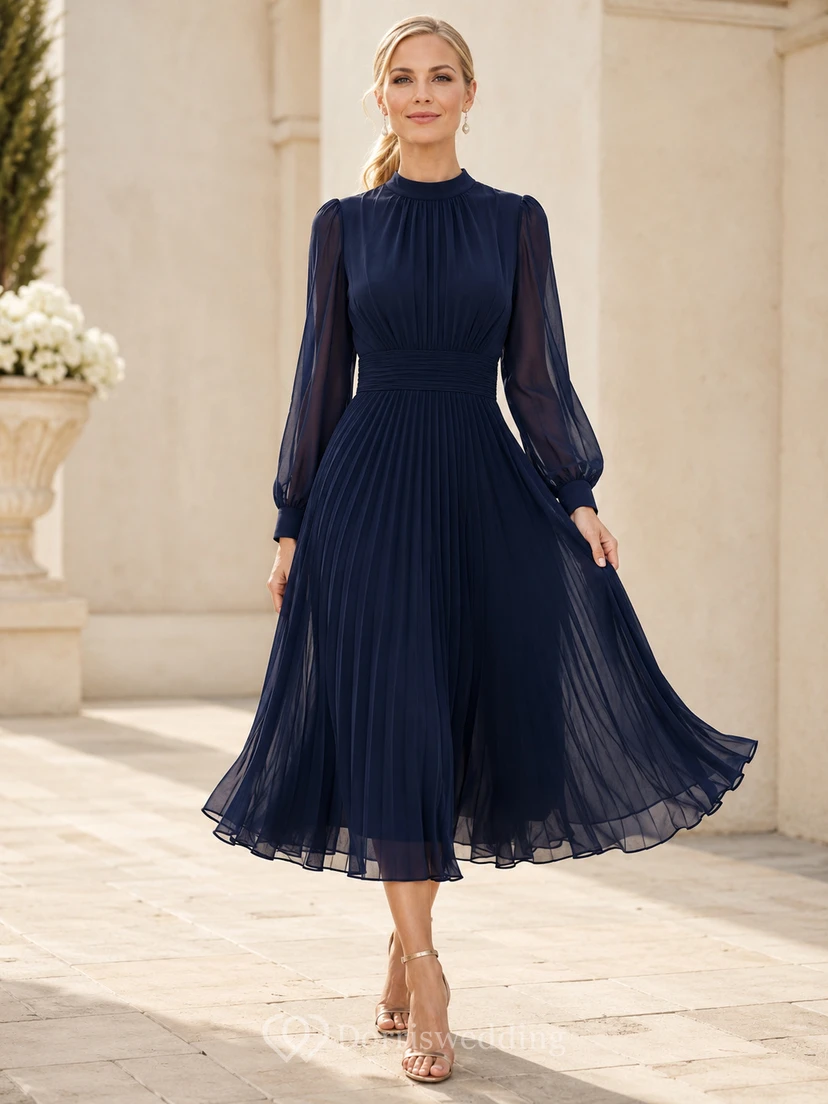 Dark Navy Modest High Neck Pleated Chiffon Long Sleeve Tea Length Dress