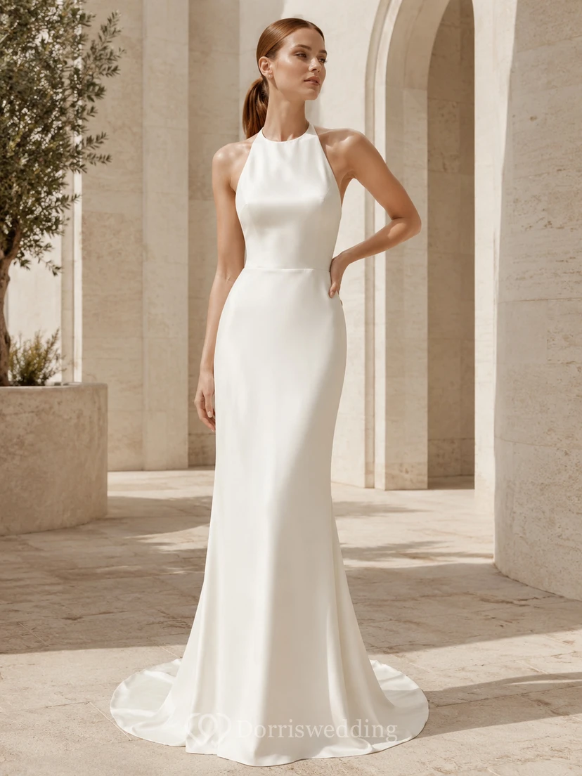 Stretch Satin Wedding Dress Mermaid Halter Sleeveless Sweep Train Open Back Bridal Gown