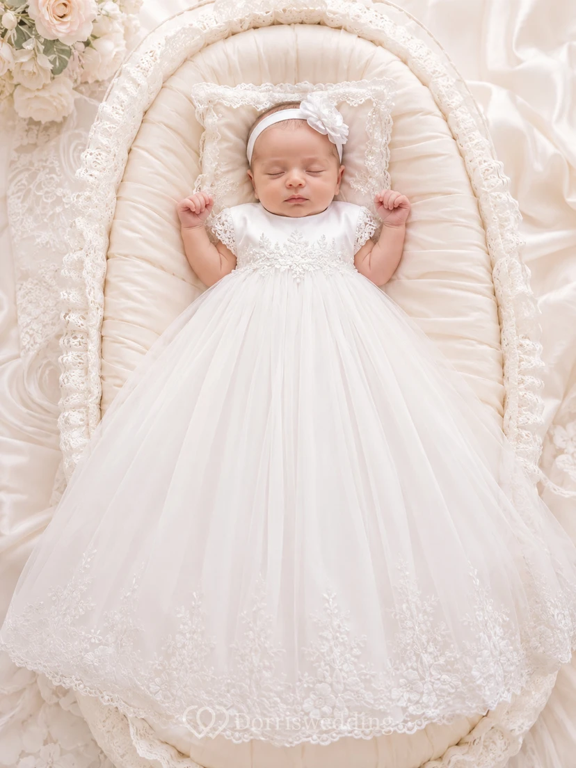 Cap Sleeve Christening Gown A-Line Tulle Lace Jewel Neck Embroidered Hem