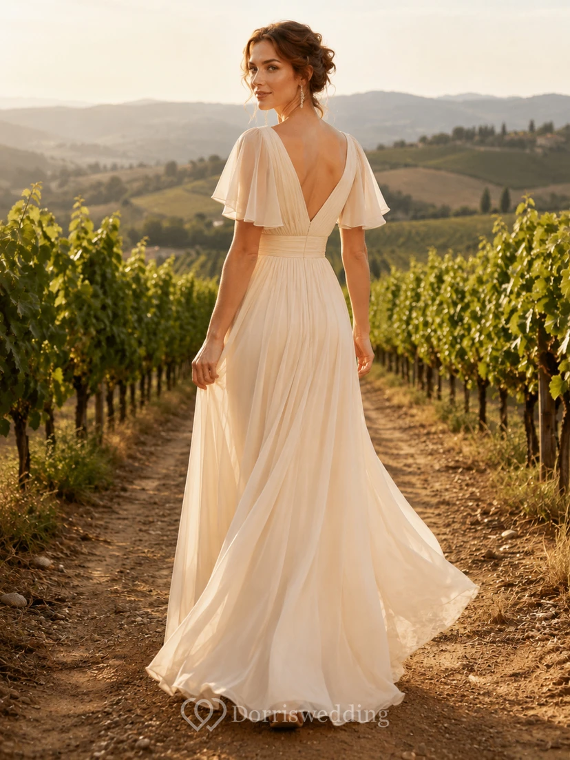 Flowing V-Neck Flutter Sleeve Vineyard Elopement Bridal Gown view 2