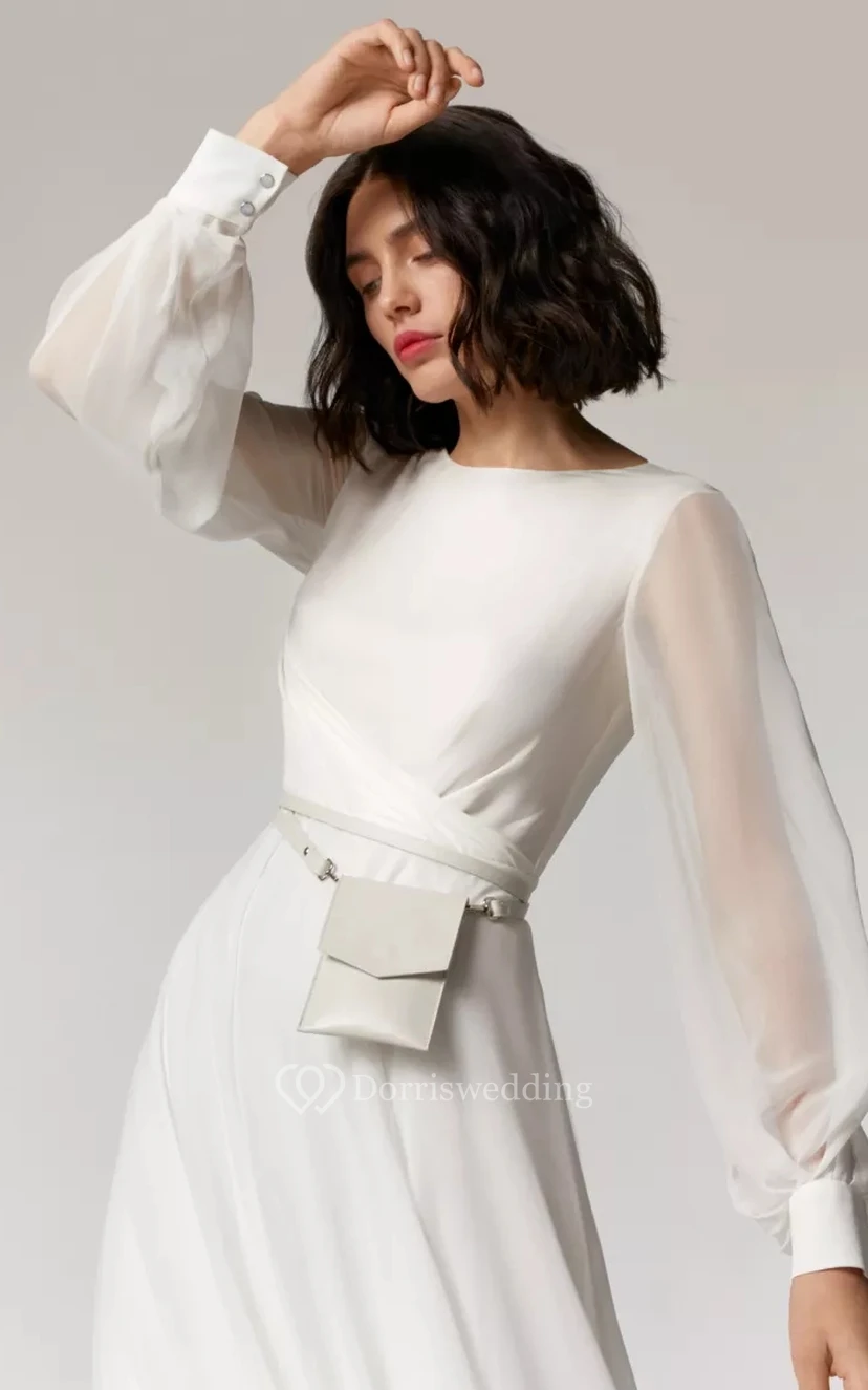 Flowy Chiffon Long Sleeve Empire Sheath Wedding Dress with Low-v Back view 3