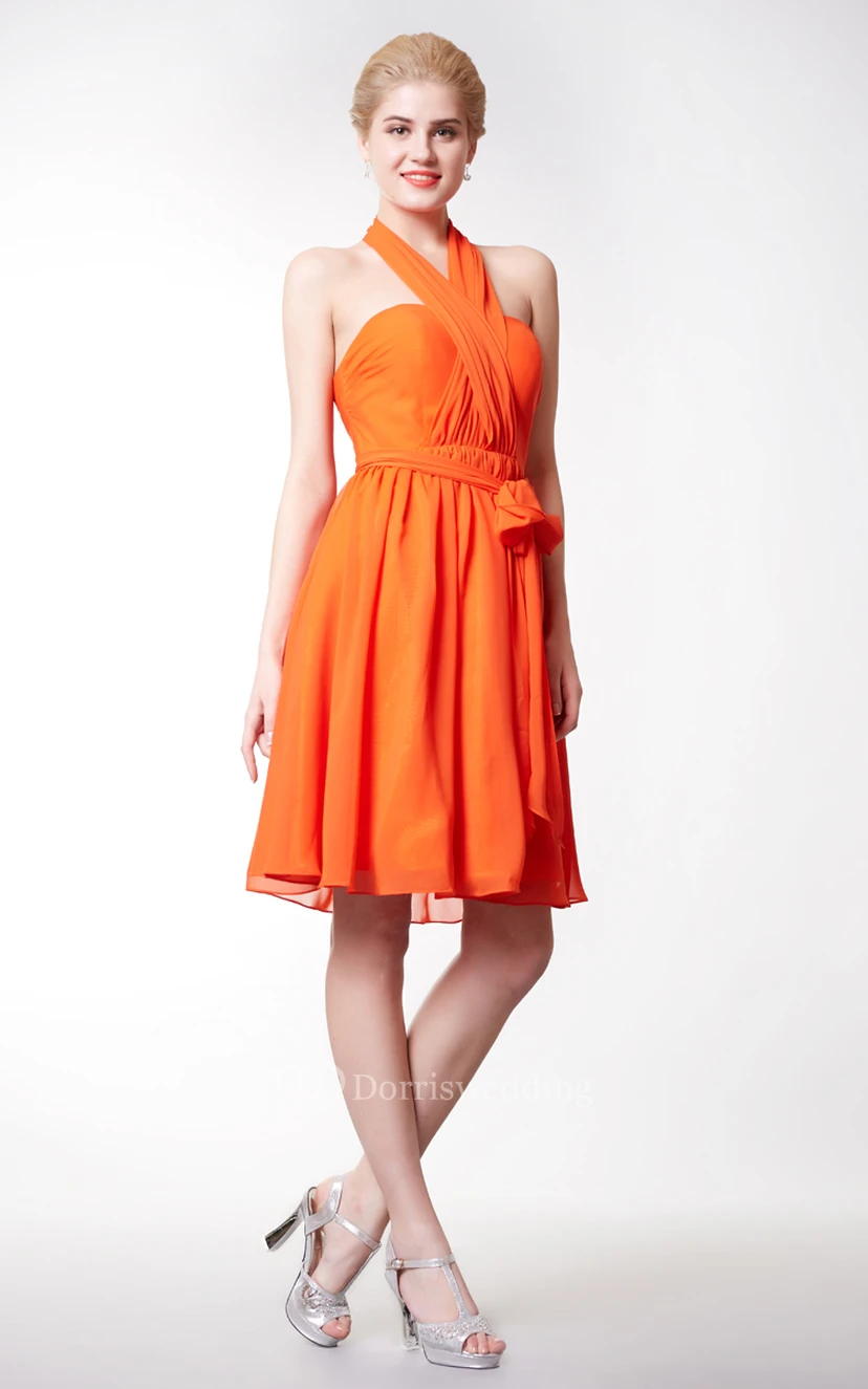Halter Neck A-line Chiffon Short Dress With Bow view 4