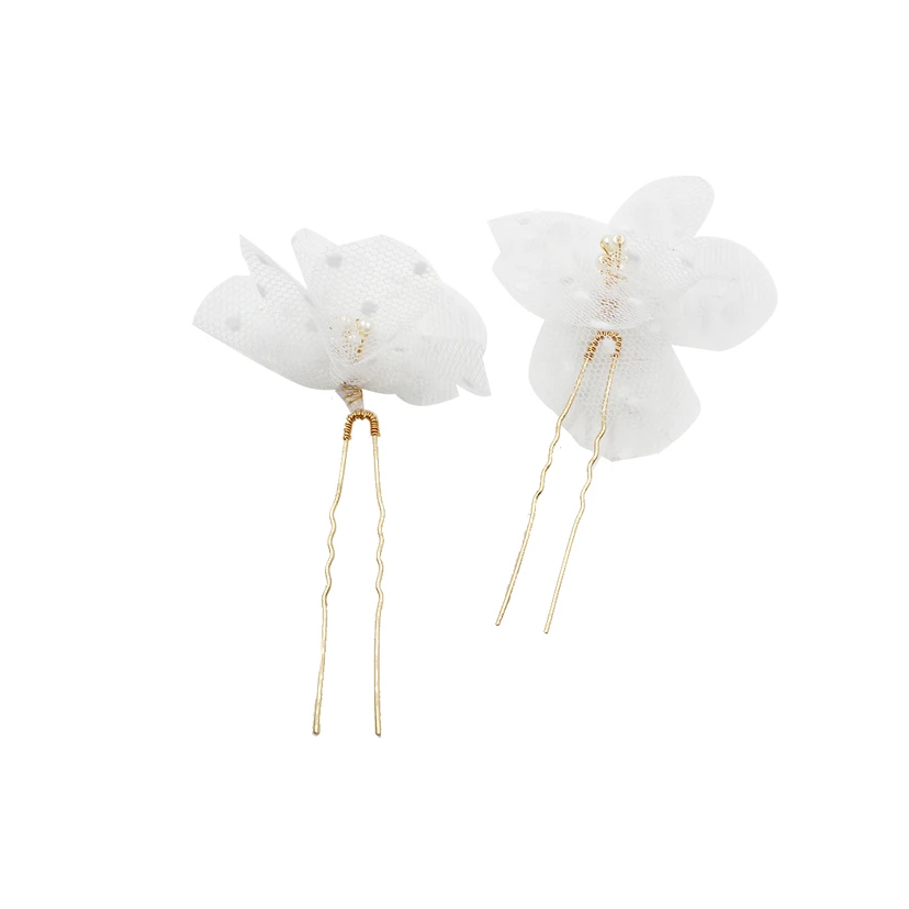 Forest Style Beaded Hair Pins with Tulle Flower view 3