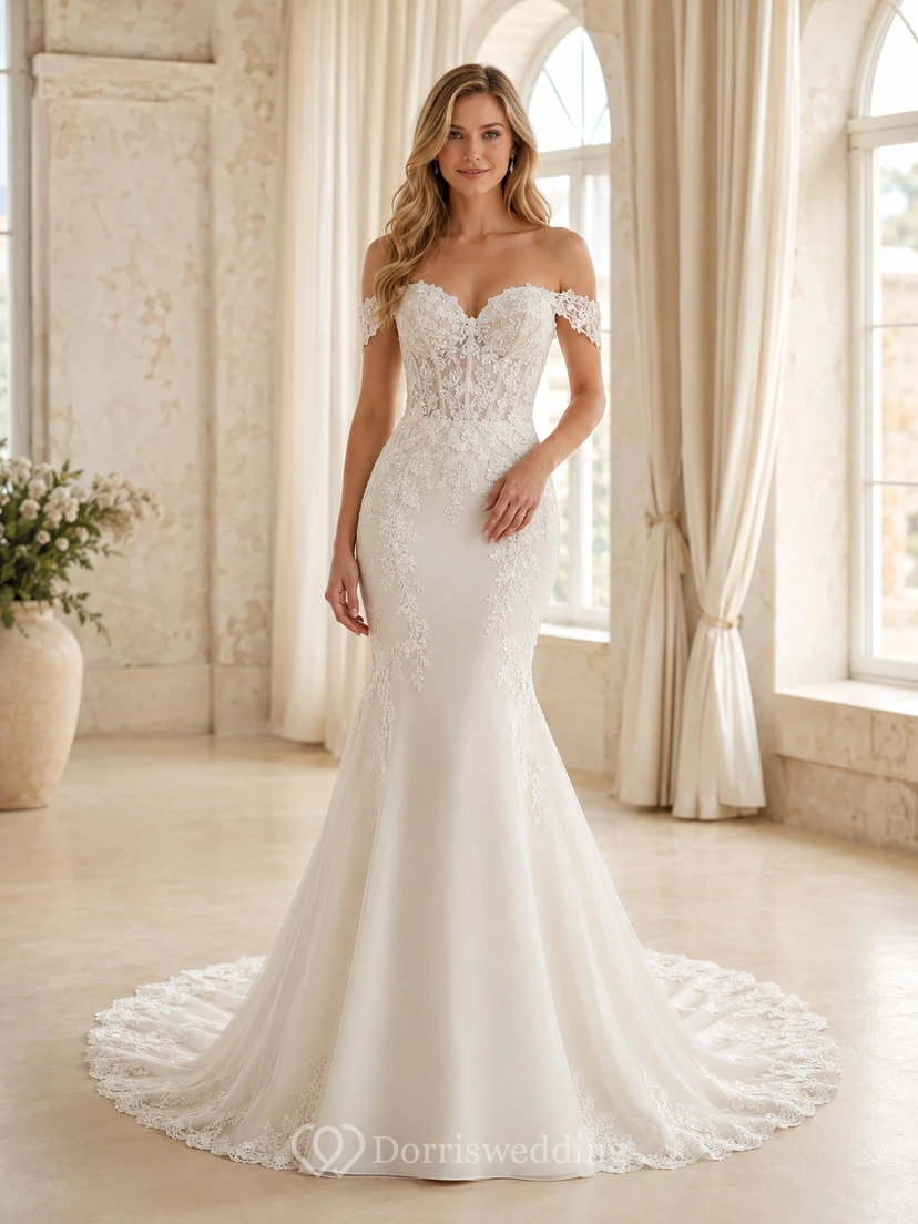 Robe de mariée sirène en satin et dentelle sans couture, épaules dénudées, manches courtes, corsage à traîne chapelle, style jardin