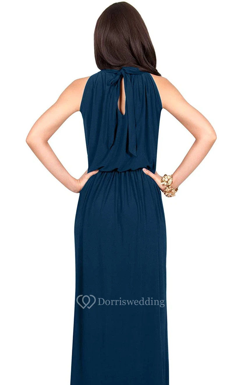 Einfaches Chiffon-Abendkleid in A-Linie mit Neckholder und Raffungen, hohem Kragen und Neckholder view 4