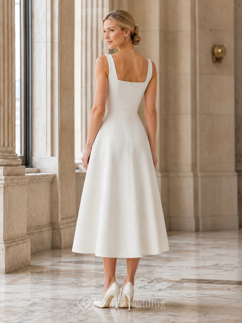 Robe de mariée civile simple en satin, longueur thé, col carré, sans manches, col carré, pour la mairie. view 2