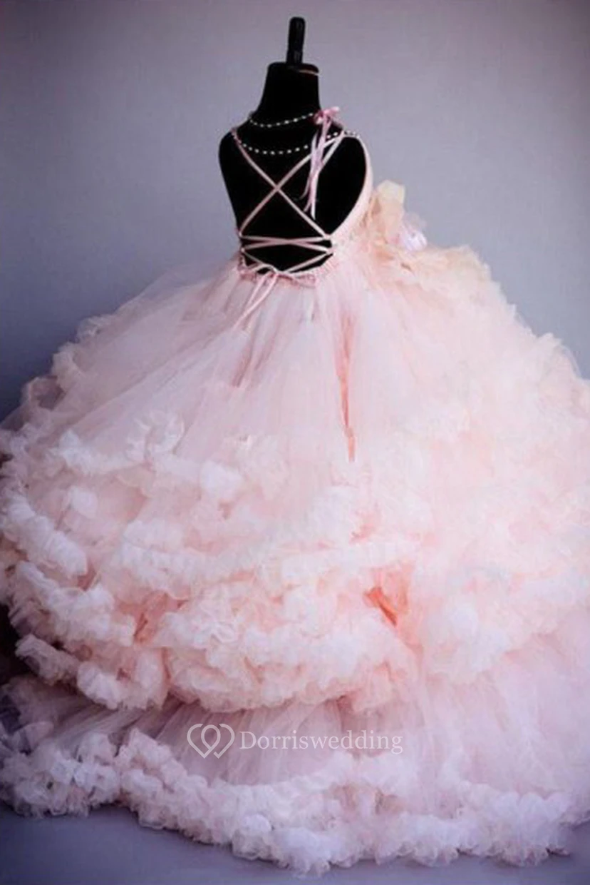Tüll-Spaghetti-Ballkleid, Blumenkleid mit Stufen view 2