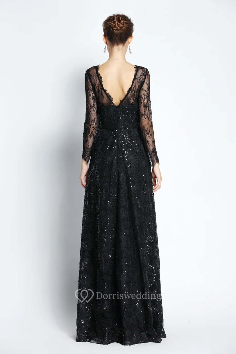 A-Line Floor-length Bateau Scalloped Lace Long Sleeve Prom Dress with Sequins view 2