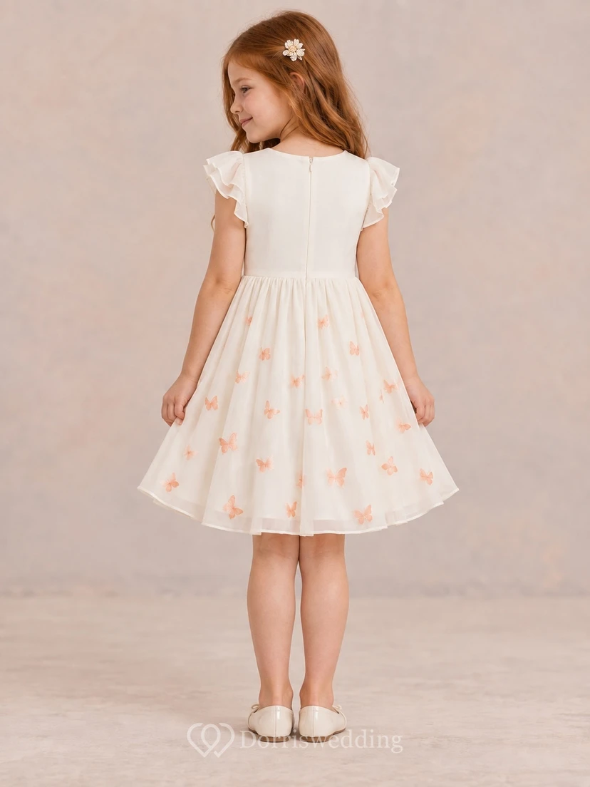 Modest Simple Ivory Knee-length Jewel Layered Flutter Sleeves Tiny Butterfly-Print Gathered Chiffon A-line Flowergirl Dress view 2
