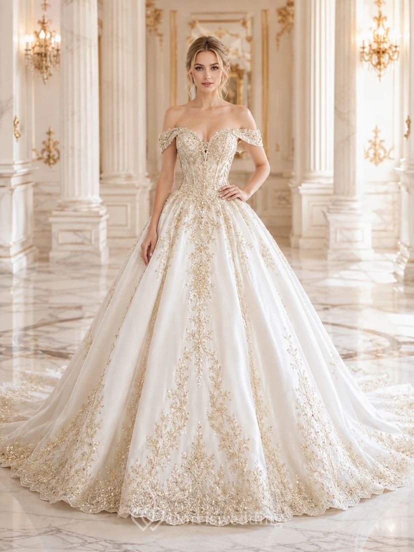 Goldener Palast Blütenblätter Ballkleid Brautkleid schulterfrei Kurzarm bodenlang Kathedralenschleppe Luxuskleid
