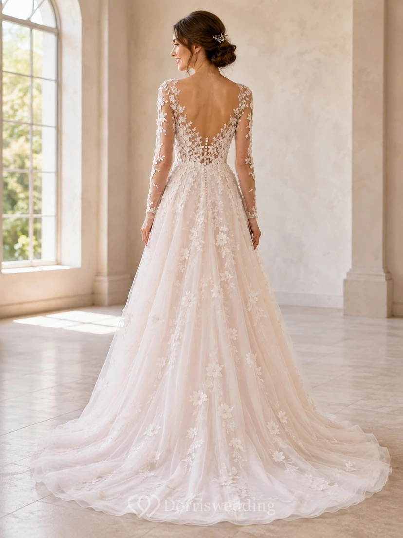 Long Sleeve High Neck A-line Lace raised Elegant Bridal Wedding Dress view 2
