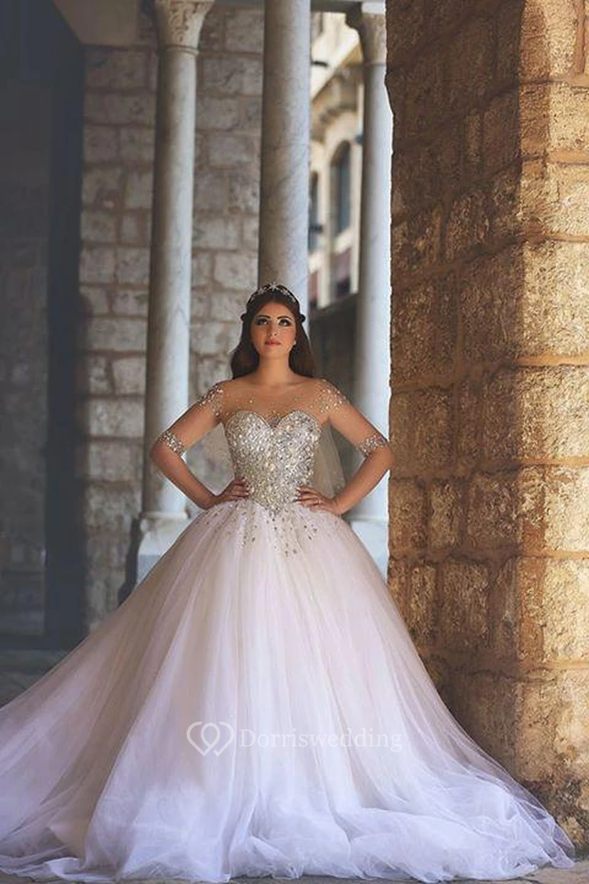 Glamorous Illusion Half Sleeve Tulle Wedding Dress Beadings Ball Gown view 2