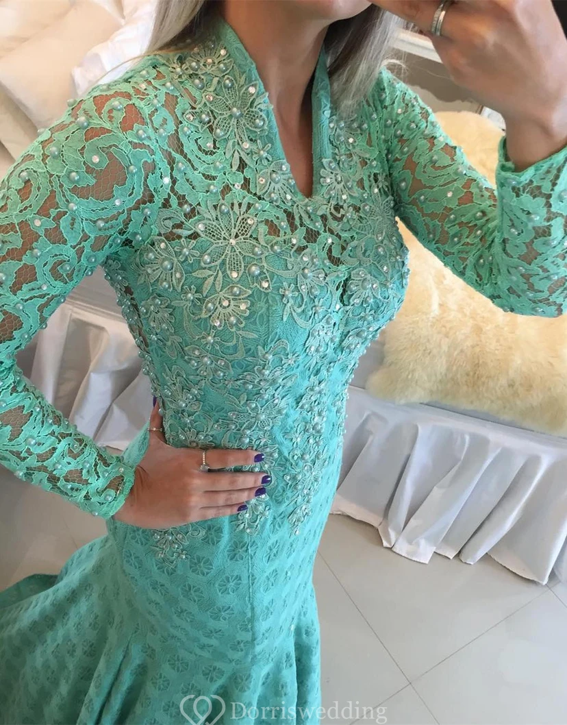 Glamorous Long Sleeve Lace Evening Dresses Appliques Mermaid view 3
