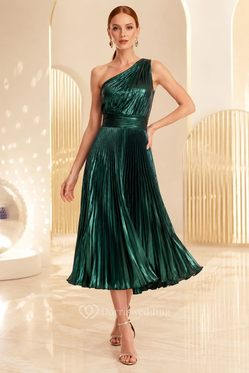 Robe de soirée plissée vert foncé à une épaule, longueur thé