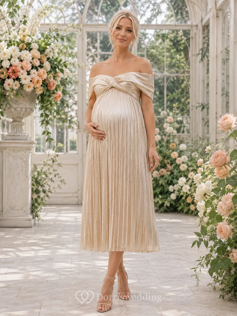 Vestido de maternidad de gasa color champán intenso, sin mangas, con escote Bardot y corte en A, largo hasta la rodilla