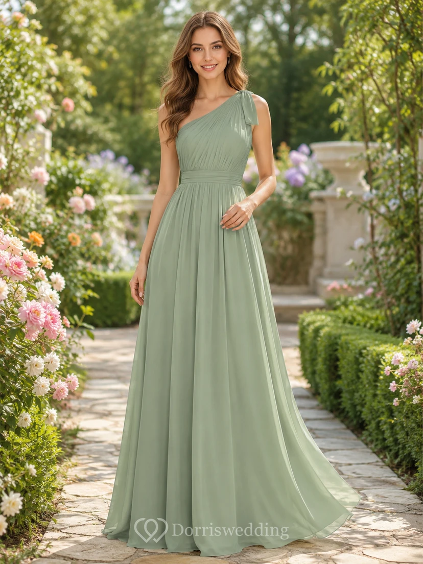 Sage Outdoor Garden A-Line Chiffon Bridesmaid Dress with Sleeveless One-Shoulder Bodice, Pleated Floor-Length Skirt and Low V Back