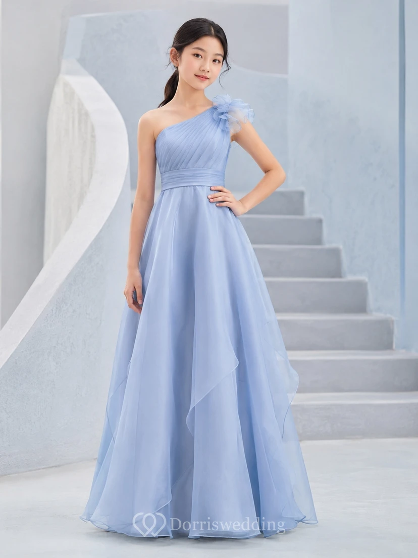 Himmelblaues Brautjungfernkleid für junge Damen, A-Linie, One-Shoulder, ärmellos, Organza, romantisch