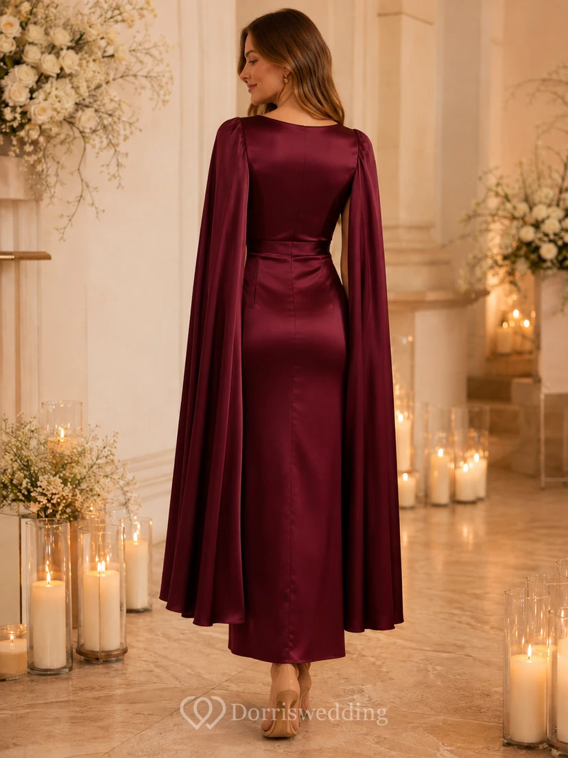 Robe fourreau bordeaux en satin à col bénitier et longueur cheville. view 2