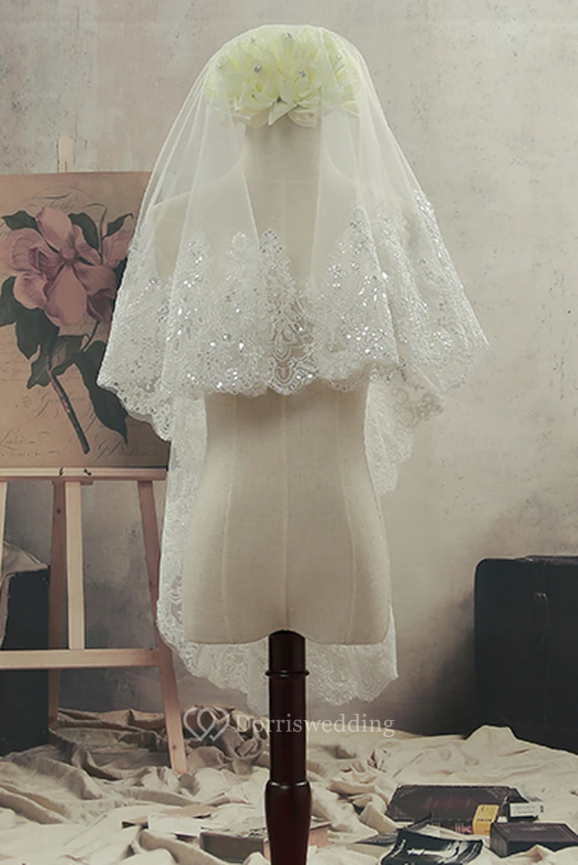 Simple Short Fingertip Tulle Wedding Veil with Beading and Lace Edge