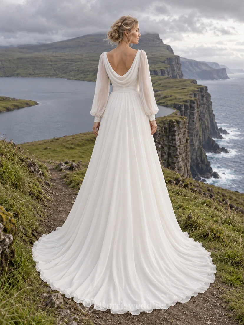 Schlichtes, langärmeliges Chiffon-Brautkleid in A-Linie mit Wasserfallausschnitt, Taillenband und abgerundeter Schleppe view 2